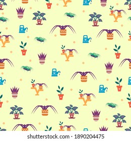 Seamless vector pattern with simple cute house potted plants. 