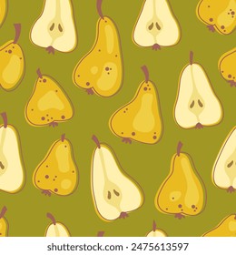 
Seamless vector pattern, simple cute pattern with pears and pear halves on a green background
