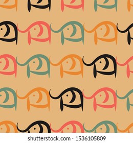 A seamless vector pattern with simple doodle elephants. African wildlife surface print design. great for fabrics, cards, wrapping paper and backgrounds.