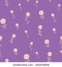 A seamless vector pattern with simple doodle roses on purple background. Decorative srfae print design.