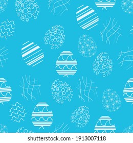 Seamless vector pattern with simple Easter eggs with different ornaments on a blue background. Print for packaging design and wrapping paper 