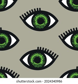 Seamless vector pattern with simple eyes on green background. Hand drawn bright iris wallpaper design. Decorative looking eye fashion textile.