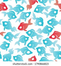 Seamless vector pattern with simple fish silhouettes. Various decorative forms. Two mild gradients.