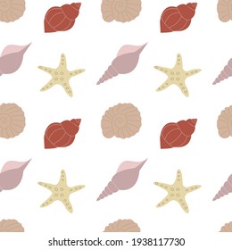 Seamless vector pattern with simple flat pastel color seashells on a white background. Marine endless ornament.