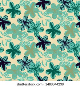 A seamless vector pattern with simple florals in shades of mint and jade green. Surface print design.