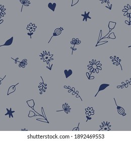 Seamless vector pattern with simple flowers on blue background. Floral textured wallpaper design. Beautiful summer meadow fashion textile.