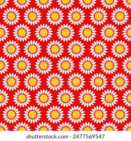 Seamless vector pattern with simple flowers on a red background. Bright print for textiles, fabrics, surfaces