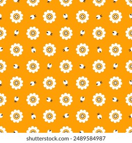 Seamless vector pattern with simple flowers and beetles. Bright children's print for textiles, covers, wallpaper, fabrics and other surfaces.