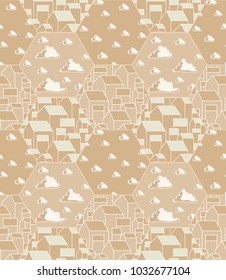 Seamless vector pattern with simple gabled houses and clouds in hexahedrons. Beige color. Good for surface design, textile, fabric, pattern fills, wrapping paper.