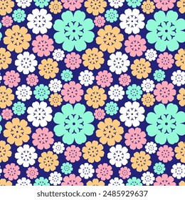 Seamless vector pattern with simple geometric flowers. Floral print for textiles, fabrics, covers, wallpaper and other surfaces.