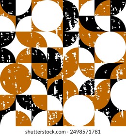 
Seamless vector pattern of simple geometric shapes. Circles, semicircles and quarter circles. Texture. White, black and golden brown colors.