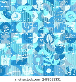 
Seamless vector pattern with simple geometric elements and stylized plants in shades of blue with a distressed effect.