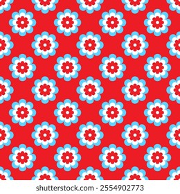Seamless vector pattern with simple geometric flowers on red background. Decorative design for textile, fabric, wallpaper, paper and other surfaces.