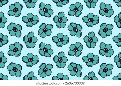 Seamless vector pattern with simple hand drawn turquoise flowers. Decorative floral background for printing on textiles, fabrics, wallpapers, covers, paper and other surfaces.