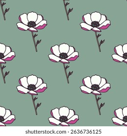 Seamless vector pattern with simple hand-drawn white flowers. Decorative floral background for printing on textiles, fabrics, wallpapers, covers, paper and other surfaces.