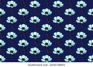 Seamless vector pattern with simple hand-drawn flowers in blue palette. Decorative floral background for printing on textiles, fabrics, wallpapers, covers, paper and other surfaces.