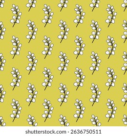 Seamless vector pattern with simple hand-drawn leaf branches on a bright green background. Decorative plant background for printing on textiles, fabrics, wallpapers, covers, paper and other surfaces.