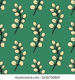 Seamless vector pattern with simple hand-drawn leaf branches on green background. Decorative plant background for printing on textiles, fabrics, wallpapers, covers, paper and other surfaces.