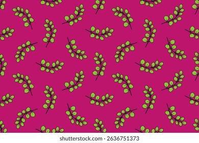 Seamless vector pattern with simple hand-drawn branches of green leaves on pink background. Decorative plant background for printing on textiles, fabrics, wallpapers, covers, paper and other surfaces.