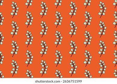 Seamless vector pattern with simple hand-drawn leaf branches on orange background. Decorative plant background for printing on textiles, fabrics, wallpapers, covers, paper and other surfaces.