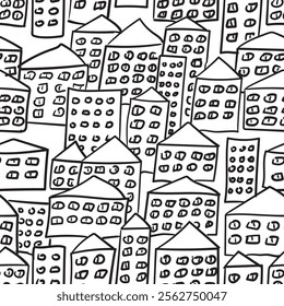 Seamless Vector Pattern of Simple Houses with Many Windows in Black and White