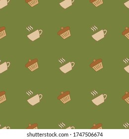 Seamless vector pattern with simple icons of cake and tea or coffee cup. Food pattern illustration for poster, banner, fabric.