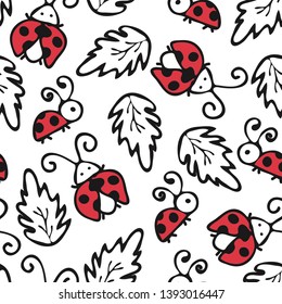Seamless vector pattern with simple ladybirds on white background. Cute outlined ladybug wallpaper design. Cartoon insect fashion textile.
