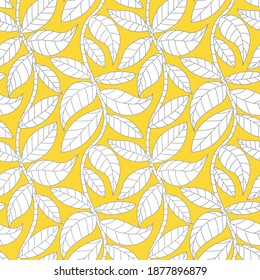 Seamless vector pattern with simple leaves on branches in ultimate gray and illuminating yellow. Vibrant nature wallpaper background.