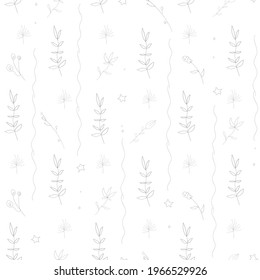 Seamless vector pattern, Simple line flowers, and stars, outlines. Black lines on white background. Card, Textile design, invitation.