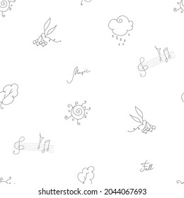 Seamless vector pattern - simple lines of rainy clouds, leaves, Fall, Music - lovely atmosphere.