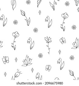 Seamless vector pattern - simple outline flowers, snail, herbs. Black lines. Wallpaper design. Wedding, St Valentine Days, Birthday card.