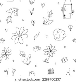 Seamless vector pattern - simple outline hearts, herbs, branches, clouds, butterfly. Black lines doodles.