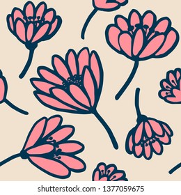 Seamless vector pattern with simple outlined flowers. Retro look. Desaturated pink, beige and dark blue colors. All over print.
