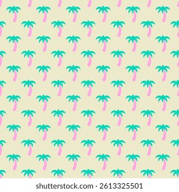 Seamless vector pattern with simple pastel pink palm trunks and teal leaves on light background. Tropical minimalistic design for summer-themed projects.