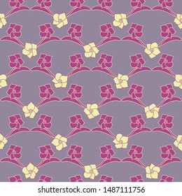 A seamless vector pattern with simple purple colored daffodil flowers in a geometric layout. Surface print design.