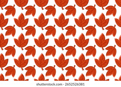 Seamless vector pattern with simple red-orange autumn leaves in flat hand-drawn style on white background. Suitable for textile prints, wrapping paper, packaging, school supplies, digital backgrounds,