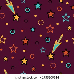 Seamless vector pattern with simple stars on purple background. Happy sky wallpaper design for children. Decorative shooting star fashion textile.