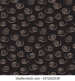 A seamless vector pattern with simple stylized snails on dark background. Surface print design.