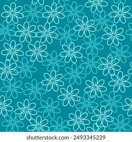 Seamless vector pattern of simple stylized flowers of different azure colors on a dark blue background for wallpapers, textiles, banners, cards, wrapping paper.