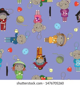 Seamless vector pattern with simple tangle dolls, knitting balls, hearts, bells and buttons.