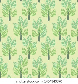 A seamless vector pattern with simple trees in pale pastel greens. Surface print design.