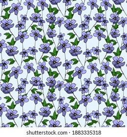 Seamless vector pattern with simple wiild flowers on light blue background.EPS10