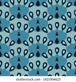 Seamless vector pattern with simplified blue peacocks. Surface print design.