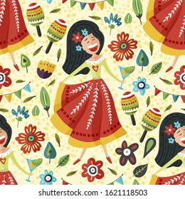 Seamless vector pattern with singing happy Mexican girl flat cartoon illustration. Latin woman in tradition dress with margarita cocktail carnival background.