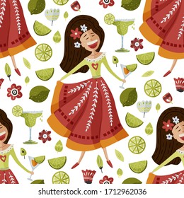Seamless vector pattern with singing happy Mexican girl. Beautiful flat cartoon illustration. Latin senorita in tradition dress with margarita, tequila cocktail and lime background.