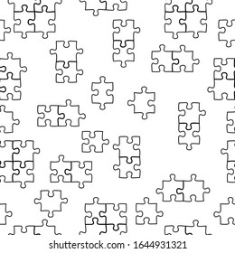 Seamless vector pattern of single and connected black line puzzles on white baclground