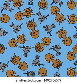 seamless vector pattern with sitting cats and dogs, light blue background color
