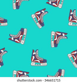 Seamless vector pattern and the skates for hockey on a blue background, painted by hand.