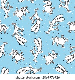 Seamless vector pattern with skating rabbit and snow. Falling snowflakes on a blue ice. Christmas or Easter background with doodle hare. New Year's print with a bunny on a skating rink.