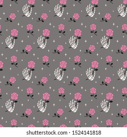 Seamless vector pattern with skeleton hands and roses.